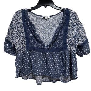 American Eagle Blouse Womens Small Blue Boho Paisley Floral Peplum NEEDS STRING